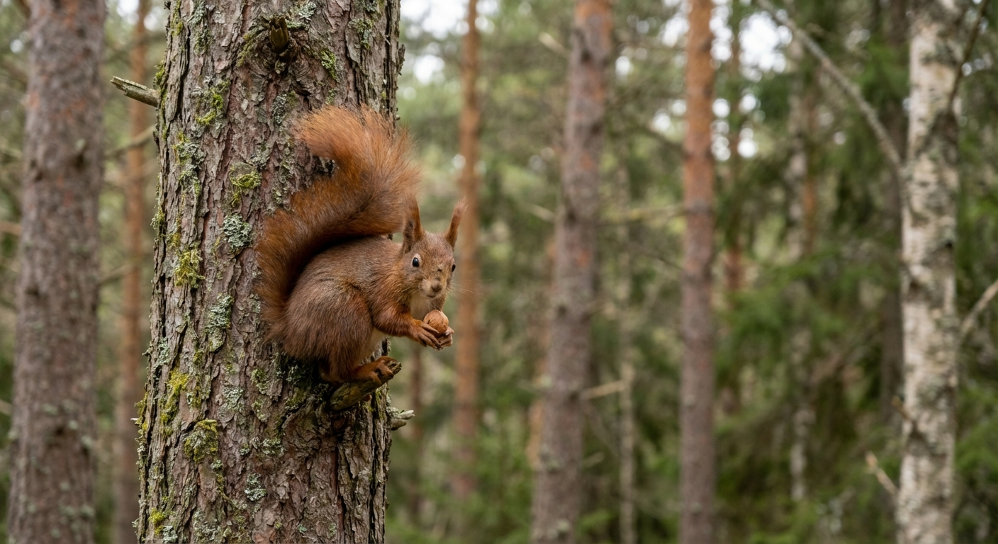 Voksent ekorn på trestamme
