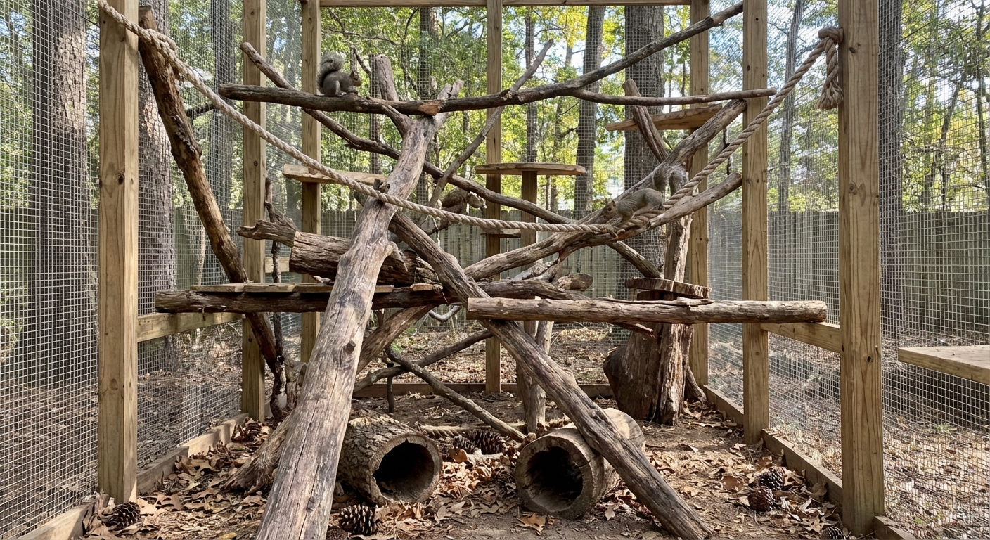 Grener og klatremuligheter i buret